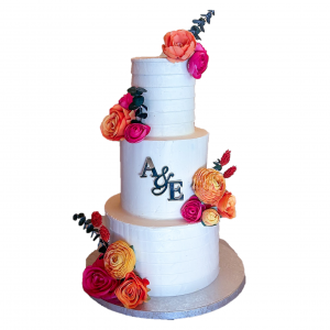 Wedding cake en crème texturée (rayure 1/2) & décor floral